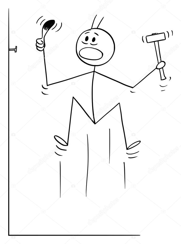 Vector Cartoon of Man Hitting His Finger While Driving or Hammering or Knocking a Nail.