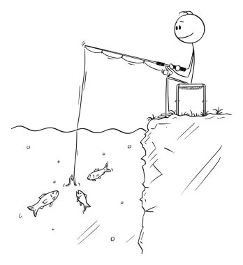 Birkaç Küçük Balık Yem bakarken Adam veya Balıkçı Oturma ve Olta veya Balıkçılık Vektör Karikatür