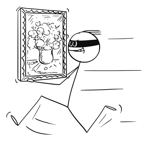Caricature vectorielle d'un voleur courant avec une peinture volée dans une galerie d'art, un musée ou une maison — Image vectorielle
