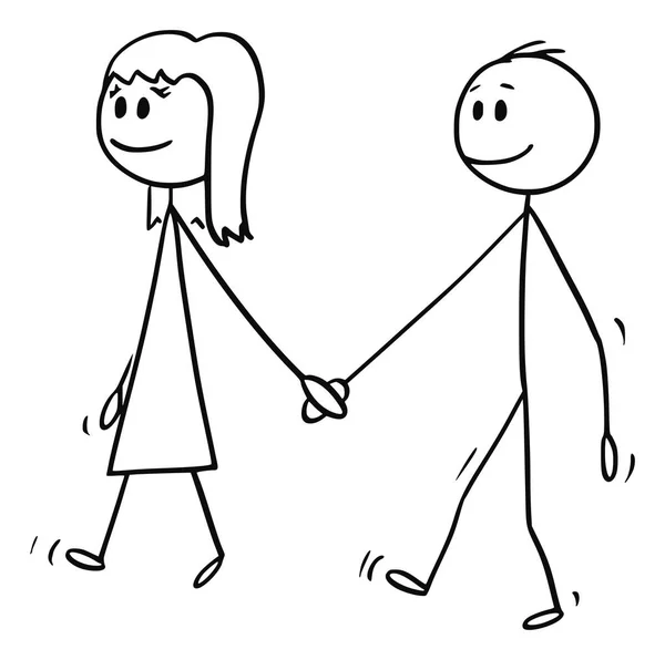 Vector Cartoon of Boy and Girl Holding Hands and Walking Together - Stok Vektor