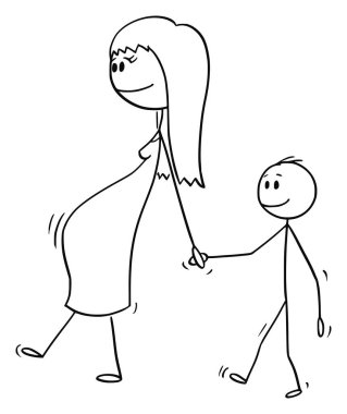 Küçük Çocuk veya Oğlu ile Birlikte Yürüyen Hamile Kadın veya Anne Vektör Karikatür