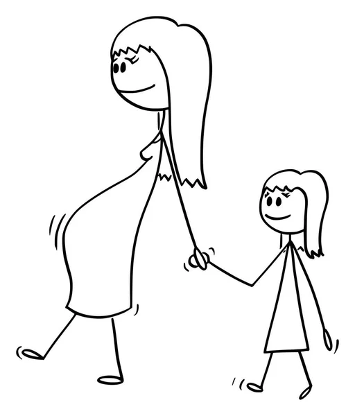 Vektorový kreslený těhotný ženský nebo mamka kráčel spolu s malou dívkou nebo dcerou — Stockový vektor