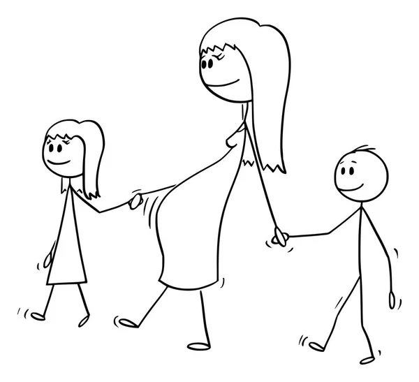 Desenhos animados vetoriais de mulher grávida ou mãe andando juntos com menina pequena e menino ou filha e filho —  Vetores de Stock