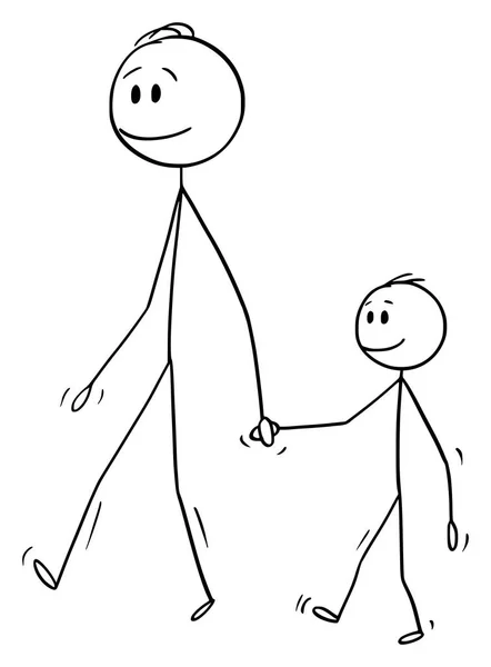 Desenhos animados vetoriais de homem ou pai caminhando juntos com menino ou filho pequeno — Vetor de Stock