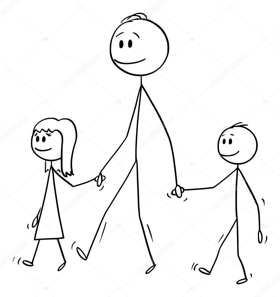 Vector Cartoon of Man or Father Walking Together with Small Girl and Boy or Daughter and Son