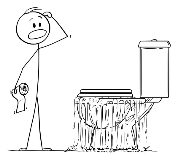 Векторный мультфильм о стрессовом человеке, который смотрит на переполненный туалет в ванной — стоковый вектор