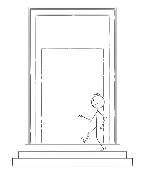 Cartone animato vettoriale di uomo sicuro o uomo d'affari che cammina attraverso la grande porta — Vettoriale Stock