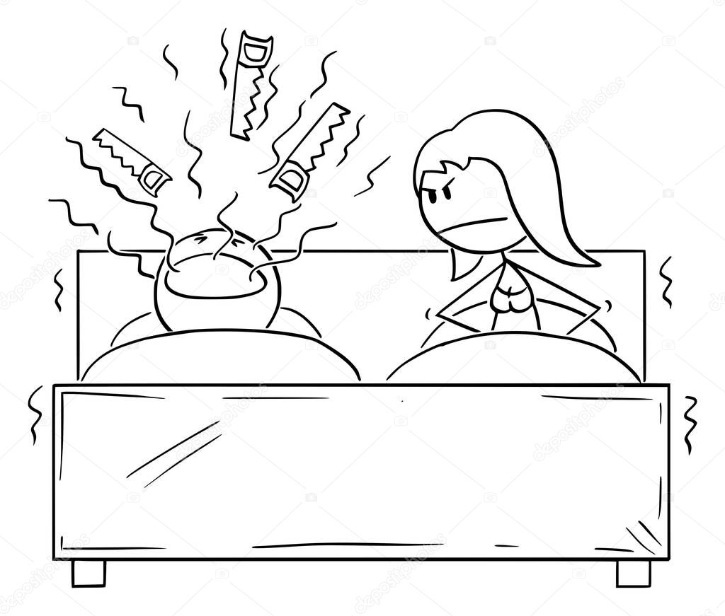 Vector Cartoon of Couple in Bed and Man Snoring, Woman Cant Sleep
