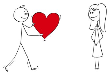 Erkek veya Erkek Erkek Erkek Kadın veya Kız a Big Romantic Red Heart veren Vektör Karikatür
