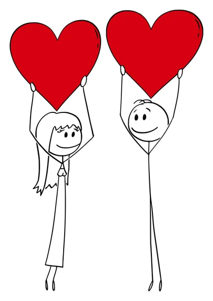 Desenhos animados vetoriais de casal de homem e mulher apaixonados segurando grandes corações vermelhos —  Vetores de Stock