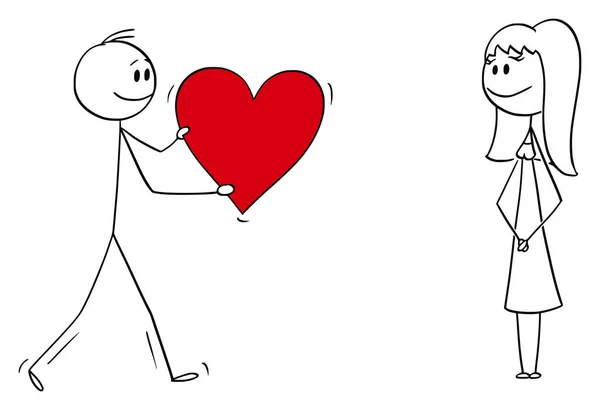 Cartone animato vettoriale di uomo o ragazzo innamorato che dona grande cuore rosso romantico alla donna o alla ragazza — Vettoriale Stock
