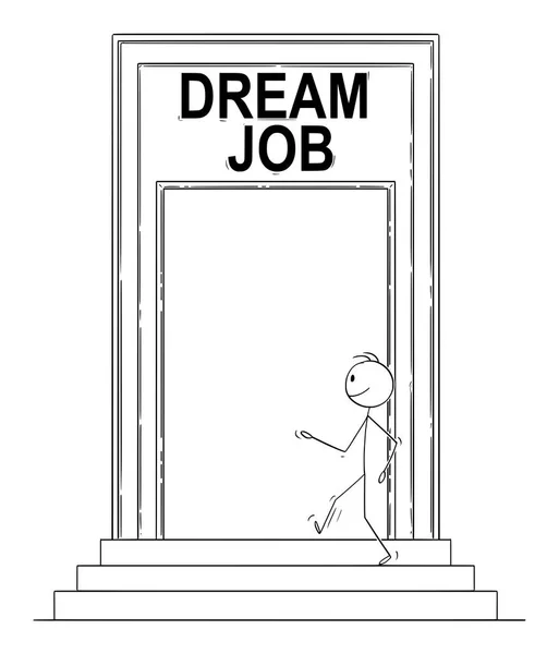 Vektor-Karikatur eines selbstbewussten Mannes oder Geschäftsmannes, der mit Traumjob-Schild durch große Tür geht — Stockvektor
