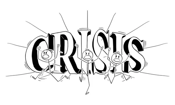 Desenhos animados vetoriais de grupo de homens ou empresários fugindo em pânico e crise de palavras grandes no fundo — Vetor de Stock