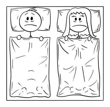 Vektör Karikatür Çift Yatakta Yatarken, Erkek ve Kadın Cant Uyku ve Cinsel Sorun veya Suffering Uykusuzluk Hakkında Düşünüyor