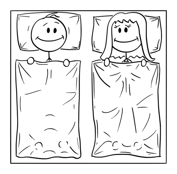 Vector de dibujos animados de pareja feliz acostado en la cama, el hombre y la mujer están satisfechos y sonriendo — Vector de stock