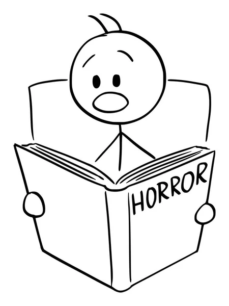 Caricatura vectorial del hombre asustado leyendo aterrador libro de terror — Vector de stock