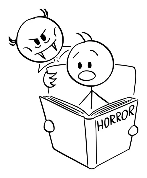 Vector de dibujos animados del hombre asustado leyendo aterrador libro de terror y vampiro está mirando por encima de su hombro — Vector de stock