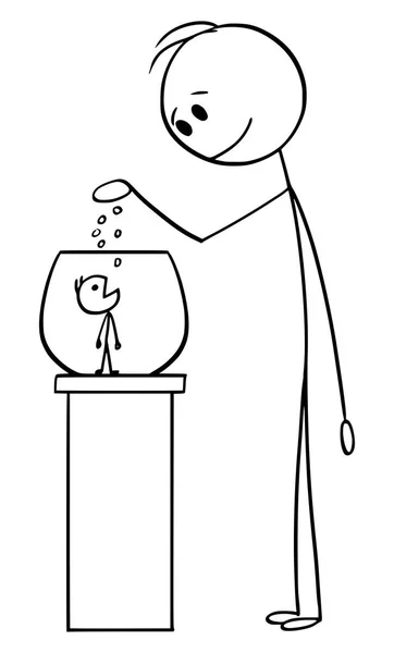 Caricature vectorielle de l'homme nourrissant un petit homme comme animal de compagnie ou animal dans un bol à poisson ou un terrarium ou un vivarium — Image vectorielle