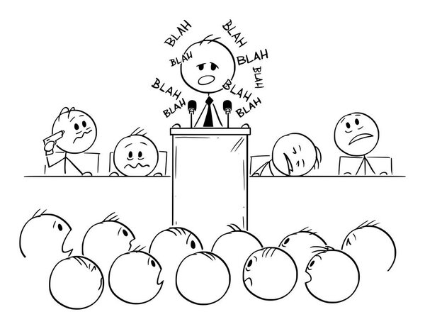 Vector Cartoon of Boring Man or Politician Speaking Blah or Having Speech on Podium or Behind Lectern