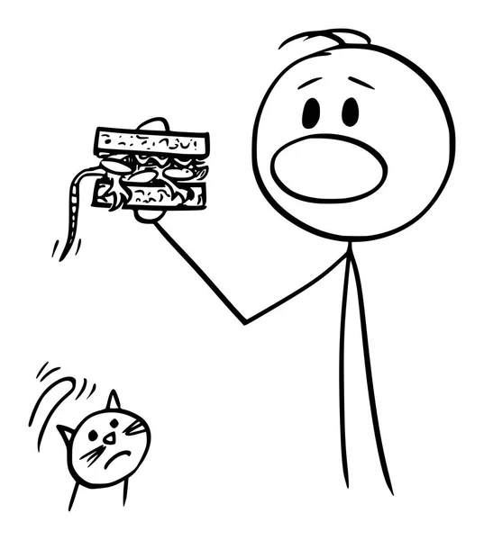 Vetor dos desenhos animados do homem comendo um sanduíche acidentalmente com o mouse dentro, Gato infeliz está assistindo ele —  Vetores de Stock