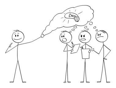 Vector karikatür adam veya Işadamı bir fikir veya yenilik çalmak ve bir takım yerine Merit Iddia