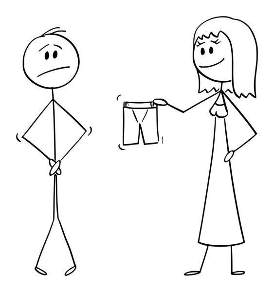 Desenhos animados vetoriais de homem nu e mulher dando-lhe shorts ou boxers para cobrir ou vestir-se —  Vetores de Stock