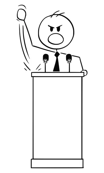 Vector karikatúra az agresszív ember vagy politikus beszéd vagy a beszéd a dobogó mögött Lectern — Stock Vector
