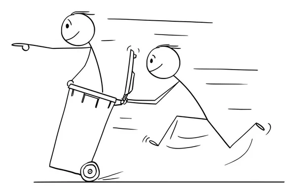 Dibujos animados vectoriales del hombre o del hombre de negocios empujando a otro hombre en la papelera de Wheelie — Vector de stock