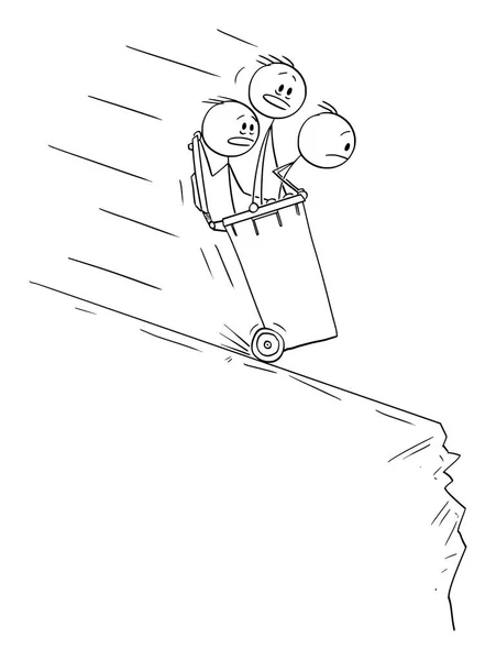 Vector cartoon van mannen of zakenlieden rijden binnenkant van Wheelie bin langs de heuvel naar de kloof — Stockvector