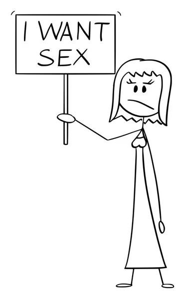 Vector de dibujos animados de mujer frustrada sosteniendo quiero sexo signo — Vector de stock