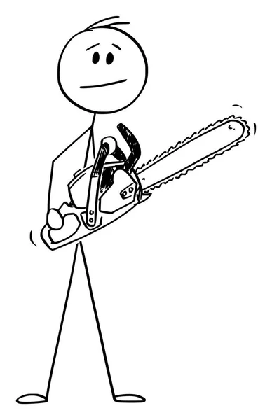 Dibujos animados vectoriales de hombre o madera que sostiene la sierra de cadena o la motosierra — Vector de stock