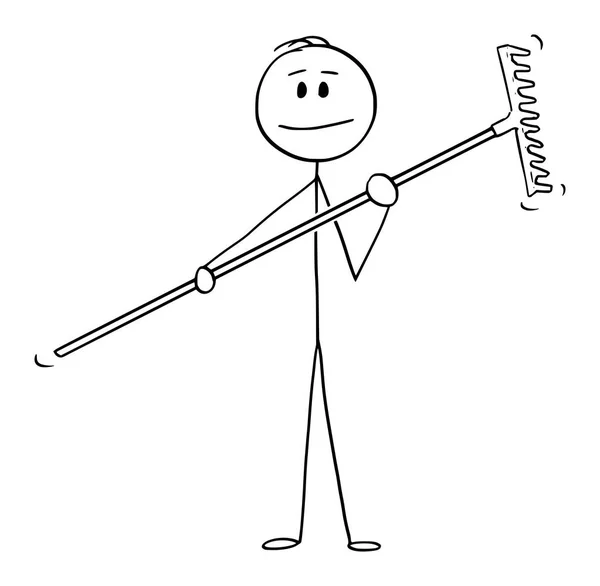 Vector cartoon van man of boer of tuinman Holding rake — Stockvector