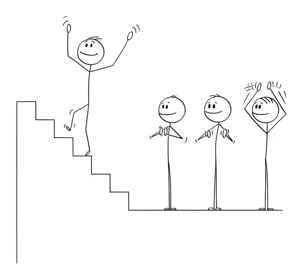 Vector Cartoon of Businessman Climbing Up the Stairs to Fall Down, Equipe de negócios está aplaudindo —  Vetores de Stock