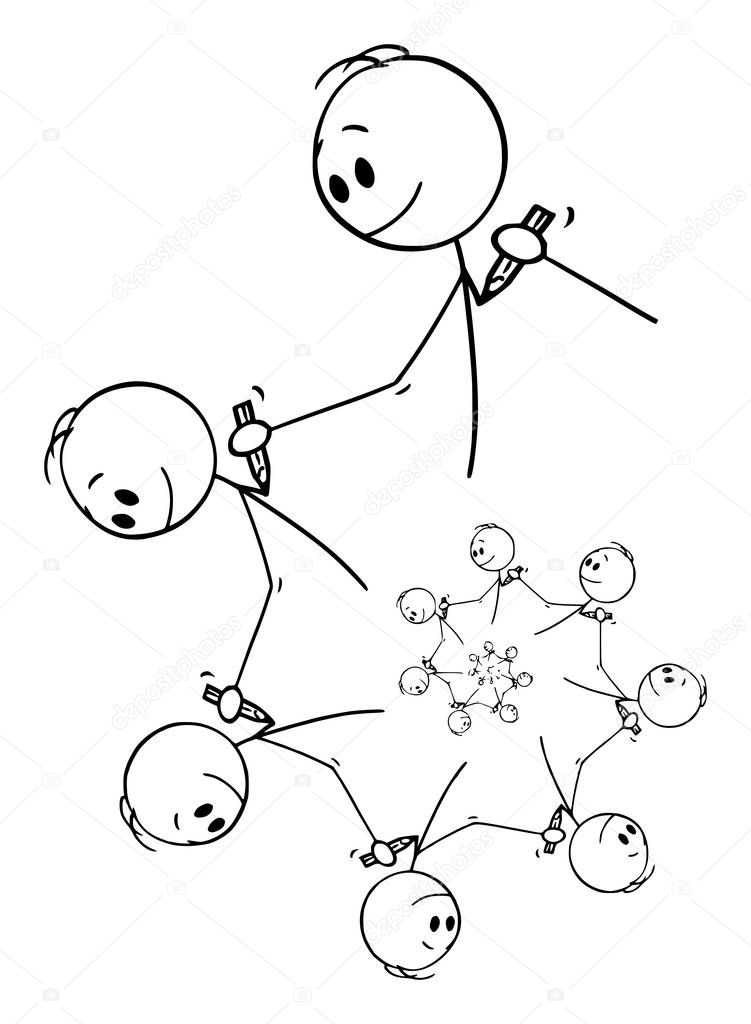 Vector cartoon stick figure drawing conceptual illustration of fractal element of men or artists drawing each other with pencil creating endless spiral design element.
