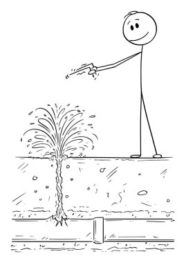 Vektör Karikatür Dowser veya Diviner Topraksu arıyor, ama kırık boru yerine bulundu