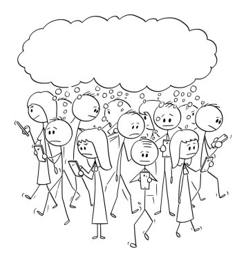 Sokakta Yürüyen ve Cep Telefonu veya Cep Telefonu Kullanma ve Bir Şey Üzerinde Düşünme İnsanlar Crowd Set Vektör Karikatür