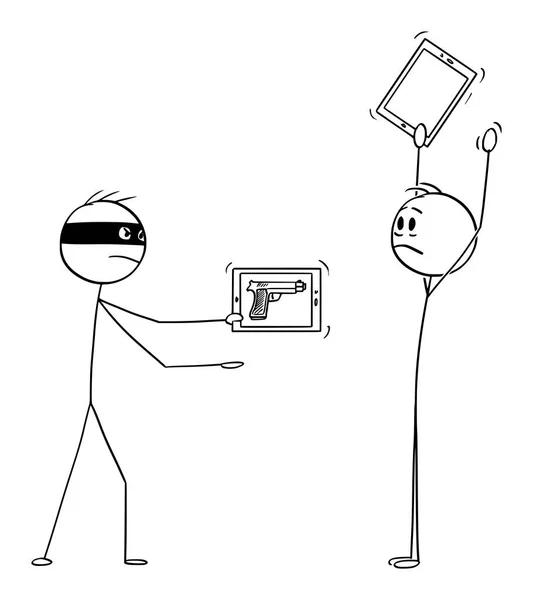 Vektorový obrázek lupiče s virtuálními zbraněmi jako obraz na tabletu nebo telefonu mávání muže s rukama nad hlavu — Stockový vektor