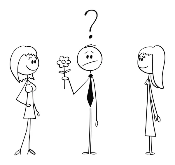 Vector Cartoon of Man on Date Holding Flower and Deciding Between Two Women or Girls — Stock Vector