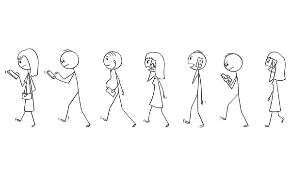 Dibujos animados vectoriales de conjunto de multitud de personas caminando en la calle y utilizando teléfonos móviles o teléfonos celulares — Vector de stock