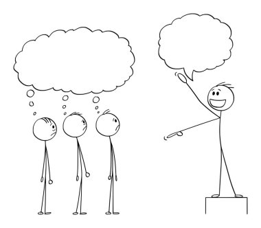 Vektör Karikatür Hevesli Adam, Lider veya Patron Crowd veya Çalışanlara Talking , Onlar Onun Coşku Hakkında Bir Şey Düşünüyor