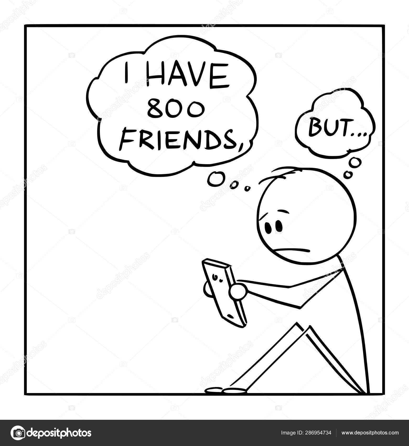 孤独的人的矢量卡通与许多朋友在社交网络上,但没有真正的朋友图库矢量图©ursus@zdeneksasek.com 286954734, image size:1560x1700