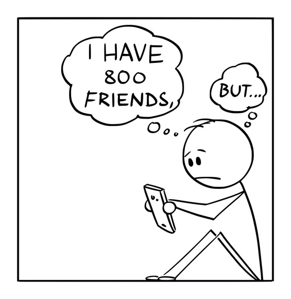 Векторный мультфильм об одиноком человеке с большим количеством друзей в социальных сетях, но без настоящих друзей — стоковый вектор