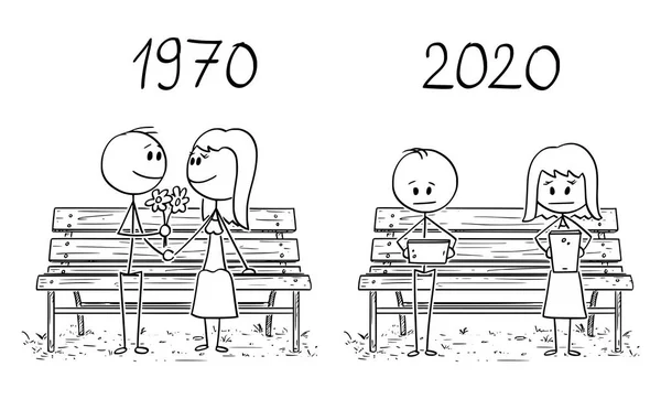 Karikatur eines Vergleichs zwischen einem verliebten Paar, das 1970 auf einer Parkbank sitzt, und einem anderen Paar, das 2020 soziale Netzwerke genießt — Stockvektor