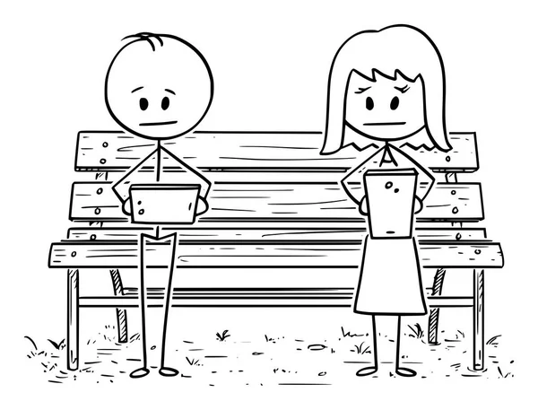 Векторний мультфільм пари чоловік і жінка сидять на лавці в парку, використовуючи соціальні медіа на мобільних телефонах і ігноруючи один одного — стоковий вектор