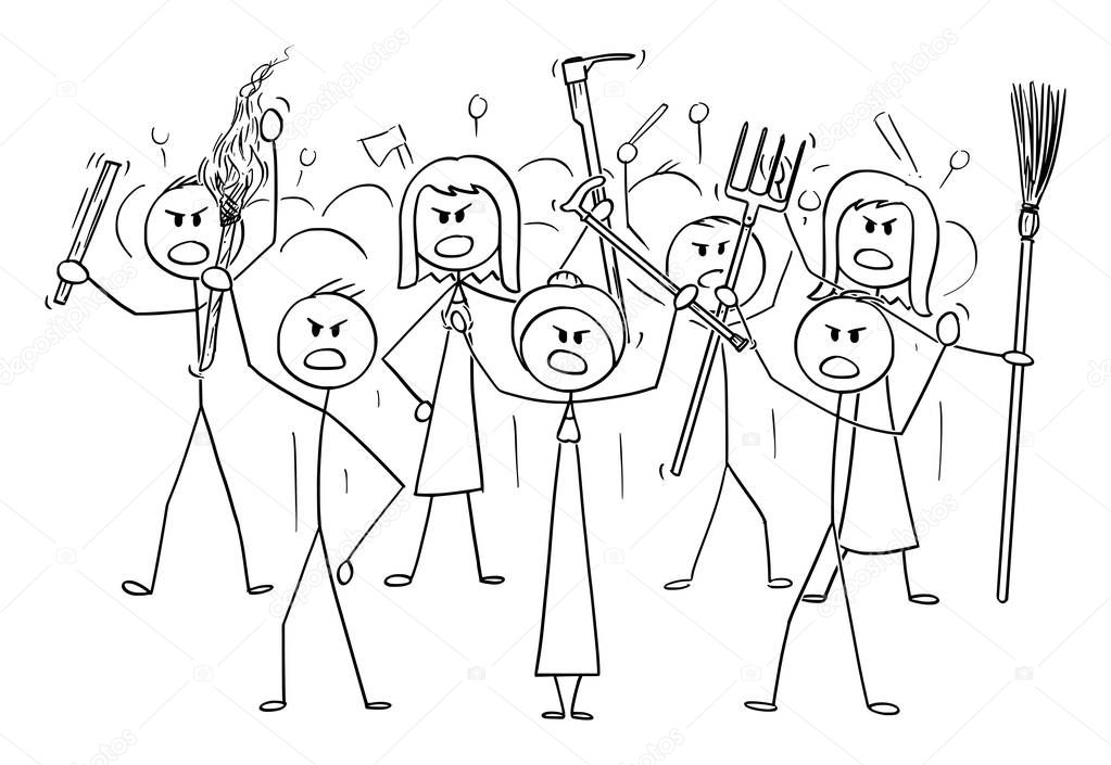 Vector Cartoon of Angry Mob Stick Characters with Tools as Weapons