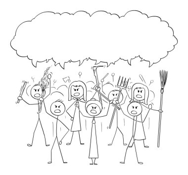 Silah ve Boş Konuşma Bubble gibi Araçlar ile Angry Mob Stick Karakterler Vektör Karikatür
