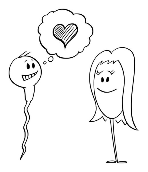 Векторная карикатура на сперму человека или сперматозоид, провозглашающий свою любовь к яйцу или овуму
