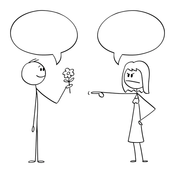 Векторний мультфільм романтичної людини тримає квіти і дарує її розлюченій жінці. Обидва мають порожню бульбашку мовлення або повітряну кулю . — стоковий вектор