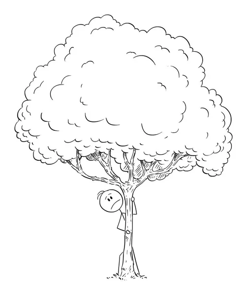 Vektorový kreslený muž z obavy nebo strachu nebo zvědavé muže skrývající se za stromem — Stockový vektor