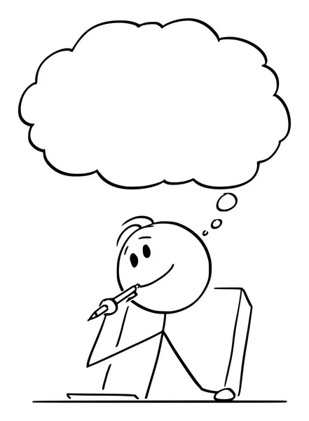 Vektor-Karikatur eines kreativen Mannes oder Geschäftsmannes oder Schriftstellers, der mit Kugelschreiber im Mund über etwas nachdenkt — Stockvektor